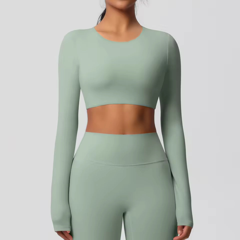 Long Sleeve Padded Crop Top -  Light Green