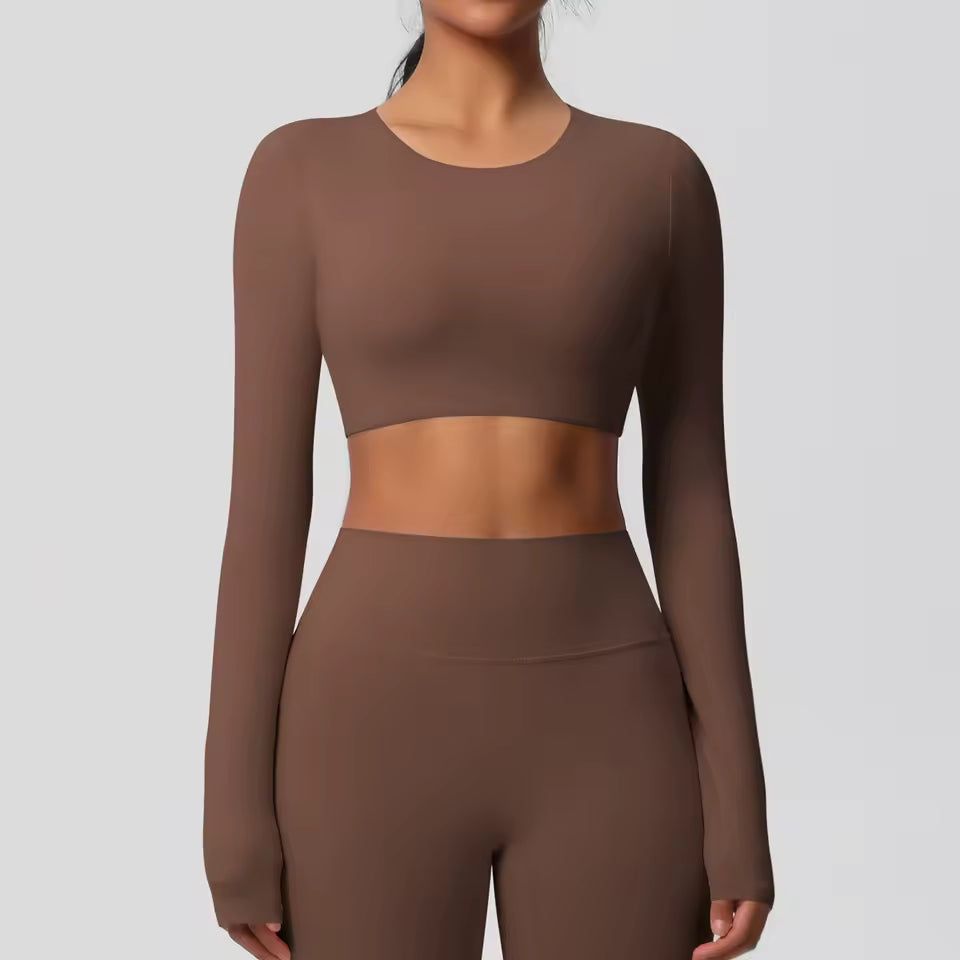 Long Sleeve Padded Crop Top -  Brown