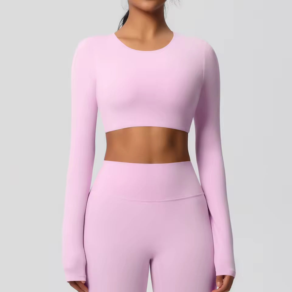 Long Sleeve Padded Crop Top-  Pink