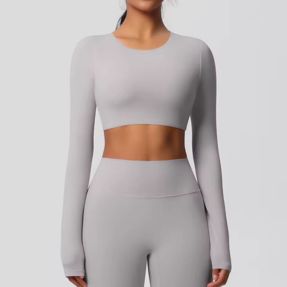 Long Sleeve Padded Crop Top- Light Grey