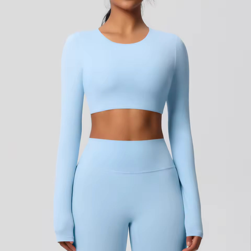 Long Sleeve Padded Crop Top - Light Blue