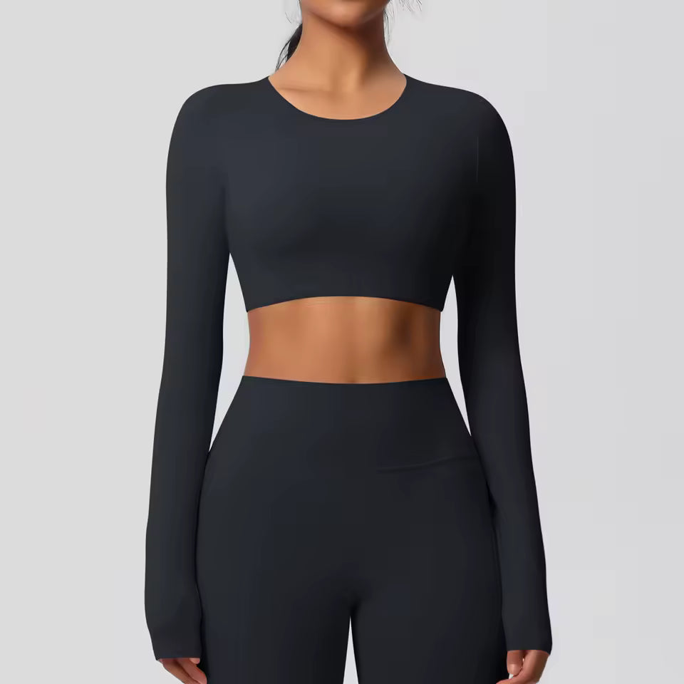 Long Sleeve Padded Crop Top -  Black