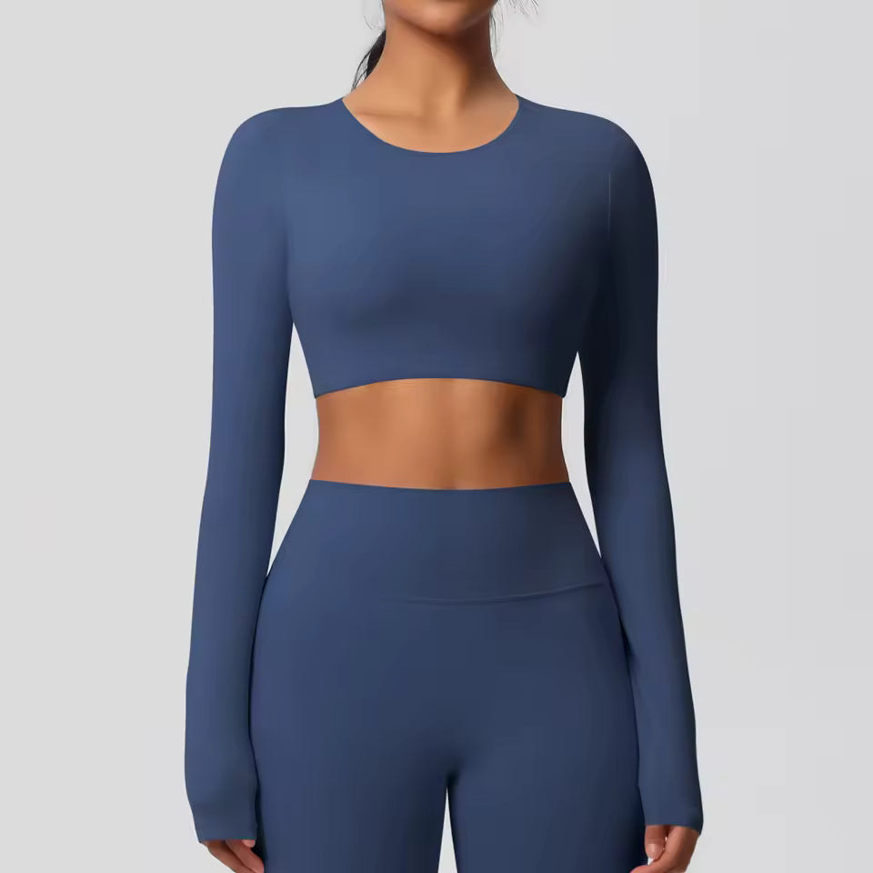Long Sleeve Padded Crop Top - NAVY