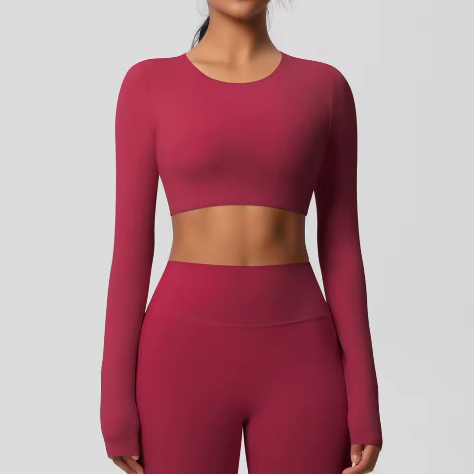 Long Sleeve Padded Crop- Berry Red